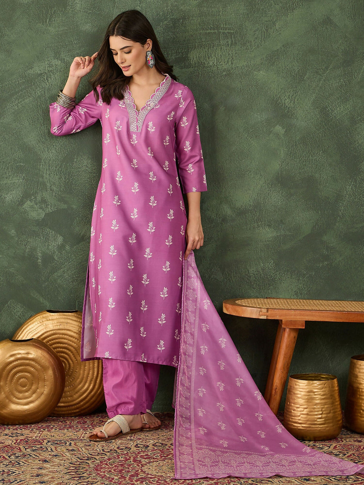 The52 Women's Gorgeous Rayon Fabric Printed Work Straight Kurta Pant and Dupatta Set-Onion | Grocsy
