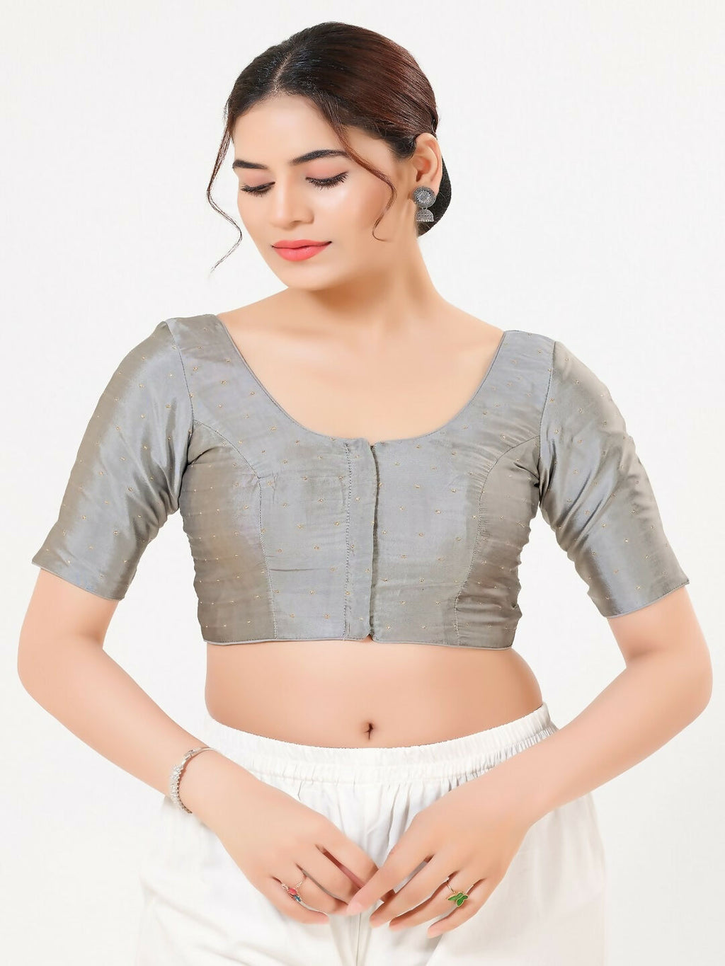 Joban Fashion Grey Taffeta Silk Elbow Sleeveless Front Open Blouse | Grocsy