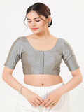 Joban Fashion Grey Taffeta Silk Elbow Sleeveless Front Open Blouse | Grocsy