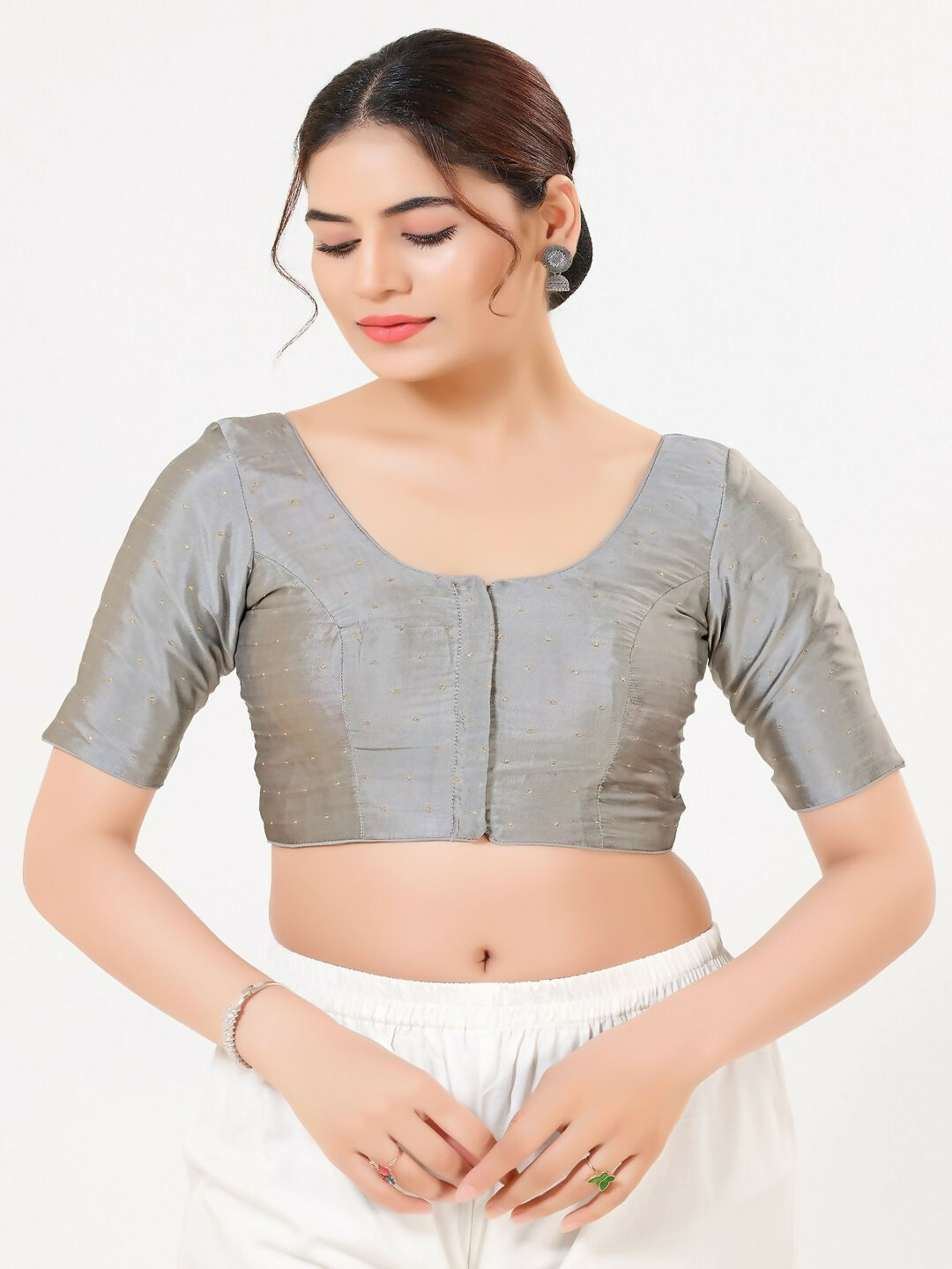 Joban Fashion Grey Taffeta Silk Elbow Sleeveless Front Open Blouse | Grocsy