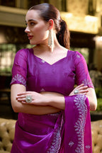 Vastranavya Purple Embroidery Work Shimmer Chiffon Saree with Unstitched Blouse | Grocsy