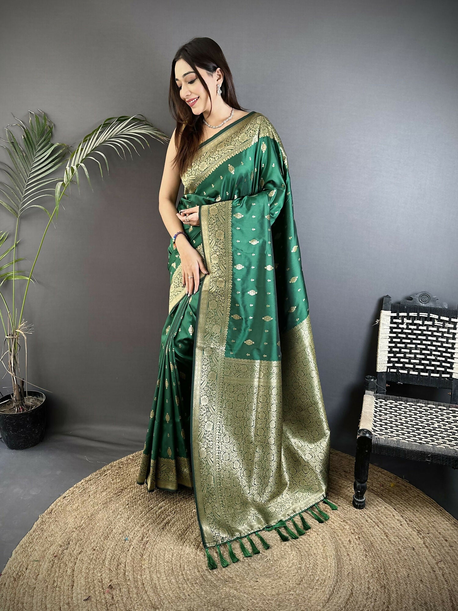 Joban Fashion Green Zari Weaving Motif Lichi Silk Banarasi Silk Saree | Grocsy