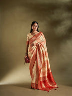Joban Fashion Cream & Pink Plain With Weaving Border Banarasi Silk Sarees | Grocsy