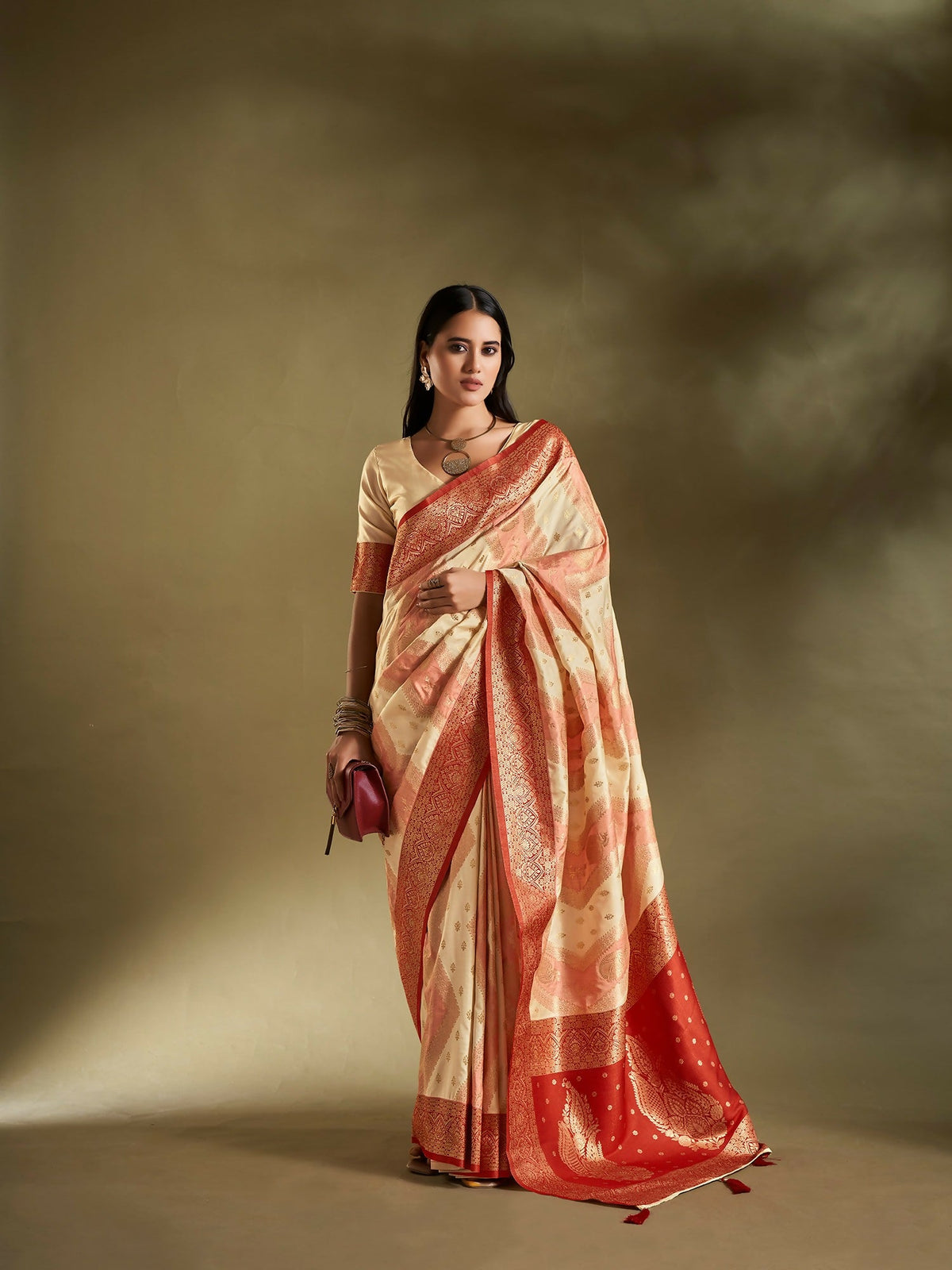 Joban Fashion Cream & Pink Plain With Weaving Border Banarasi Silk Sarees | Grocsy
