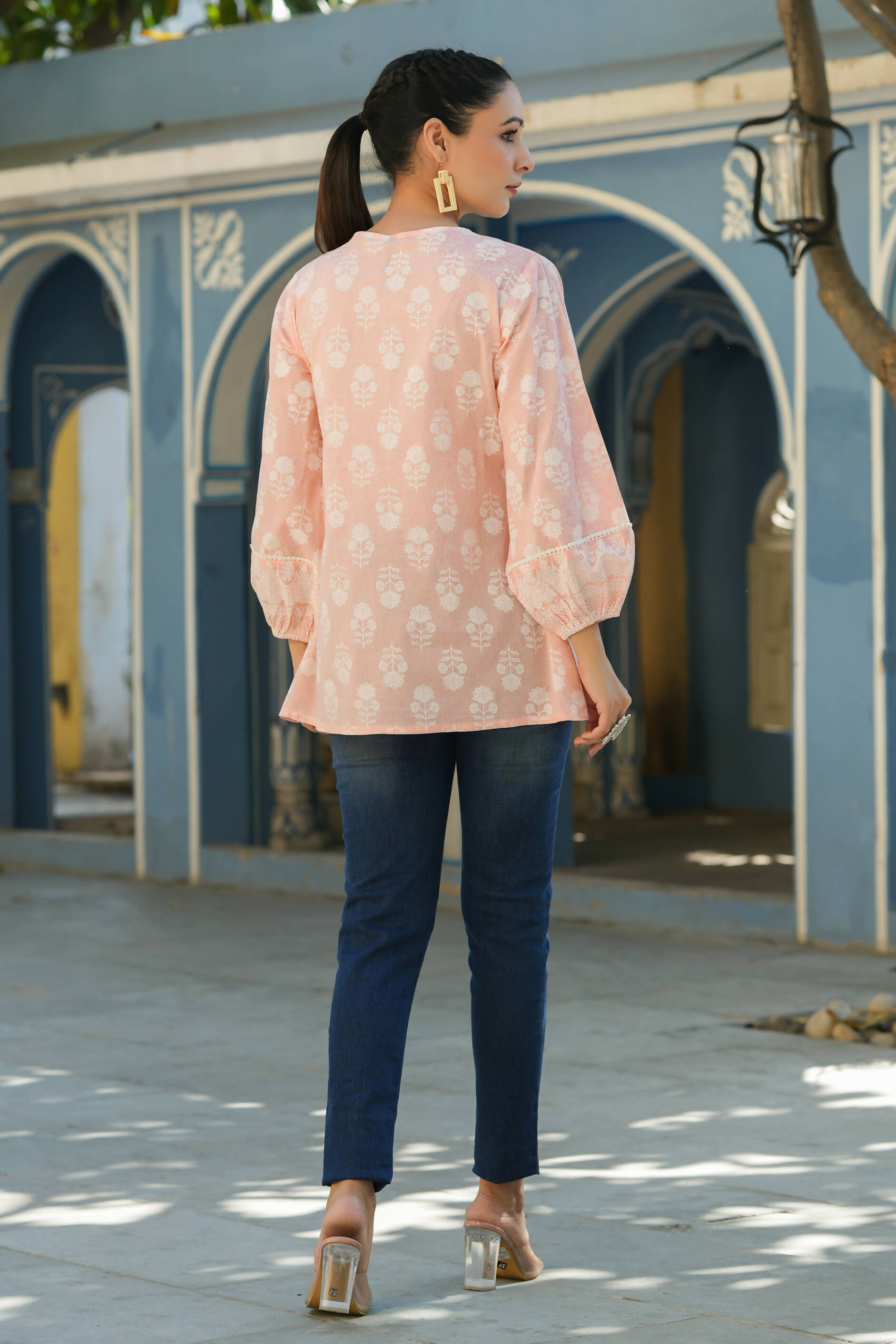 Juniper Women's Peach Cambric Placement Floral Printed Tunic | Grocsy