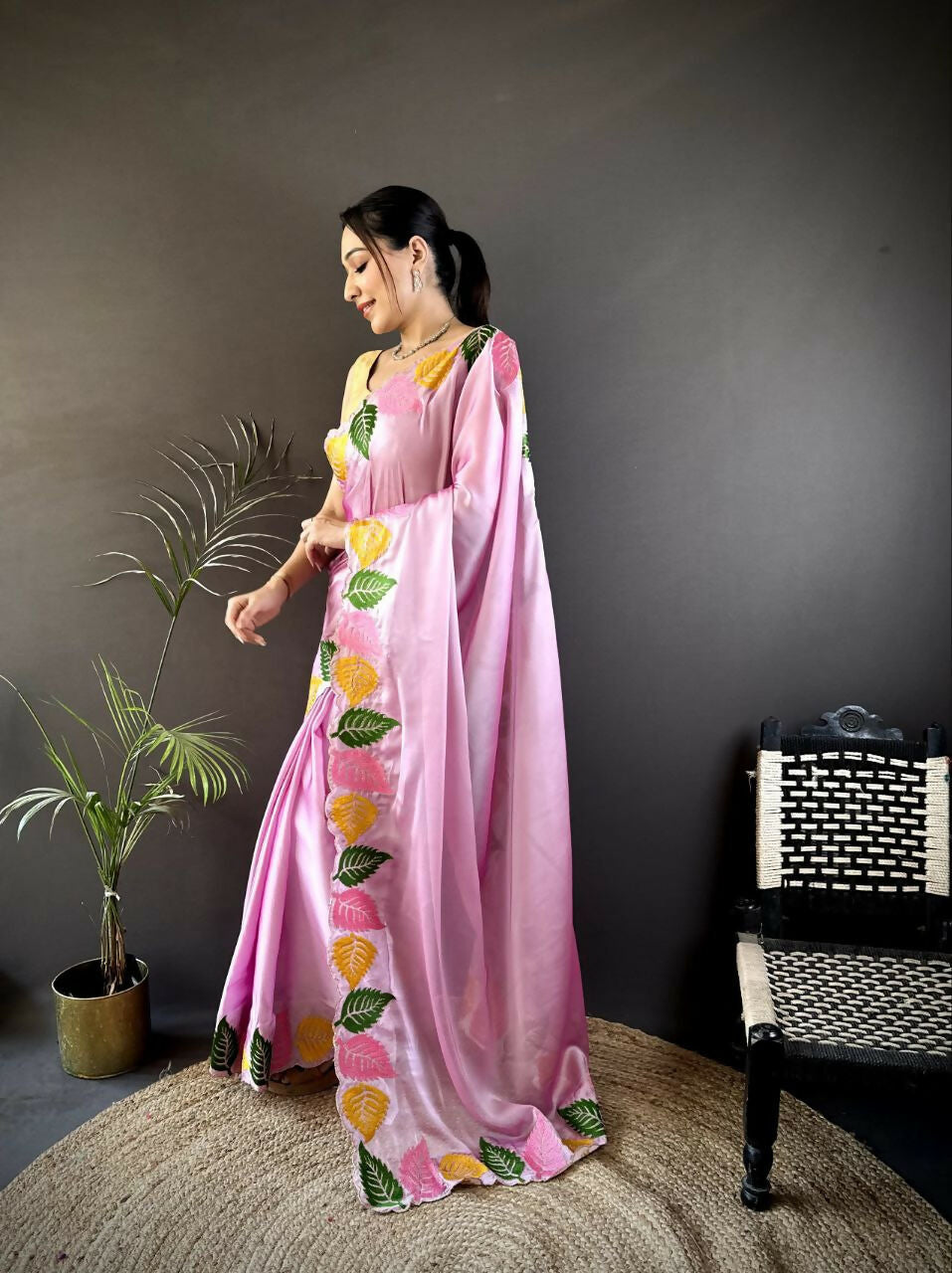 Prime Volt Multicolor Leaf Embroidery Rangoli Silk Saree with Scalloped Border-Pink | Grocsy