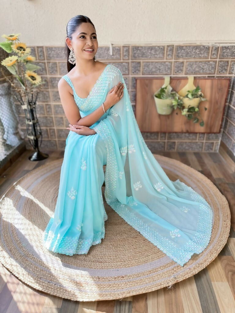 Sky Blue Georgette Sequence Embroidery Cut Work Saree - Saadia | Grocsy