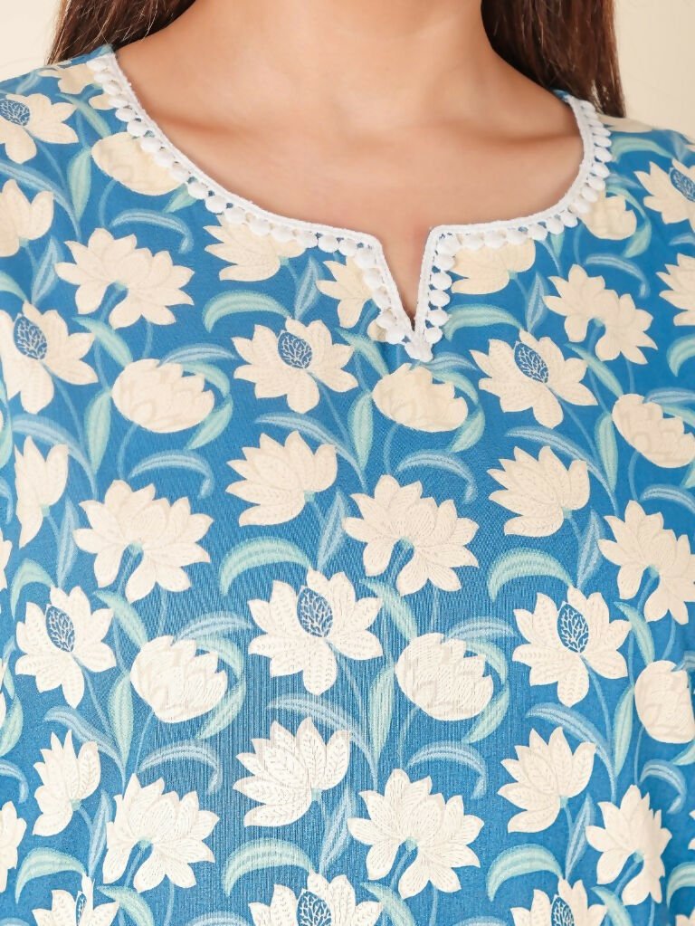 Aramya Kaftan Soft Cotton Floral Print Women's Kurta Set - Blue | Grocsy
