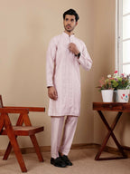 Light Pink Silk Designer Embroidery Work Men's Rajwadi Kurta Set - Mahotsav | Grocsy