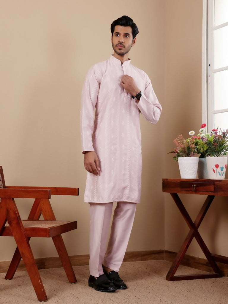 Light Pink Silk Designer Embroidery Work Men's Rajwadi Kurta Set - Mahotsav | Grocsy