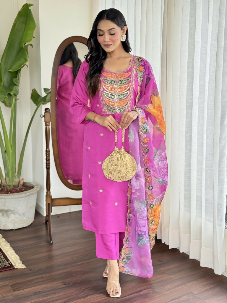 Light purple Viscose Chanderi Stitched Suit With Dupatta - Tanisha | Grocsy