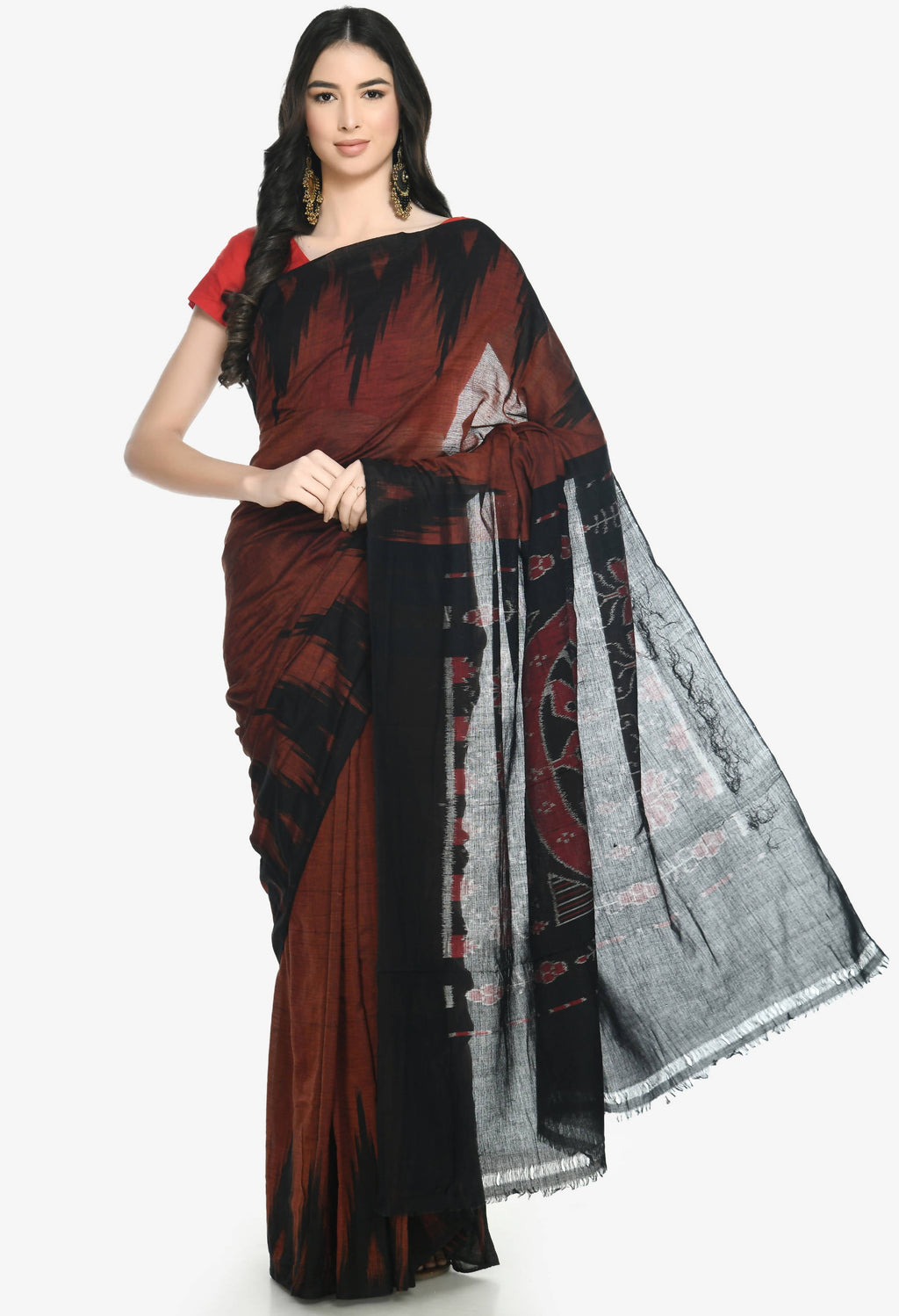 Vamika Sambalpuri Ikat Cotton Kargil Brown & Black Saree | Grocsy