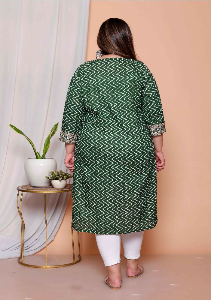 Miravan Womens Plus Size Green Zigzag Print Embroidery Rayon Straight Kurta | Grocsy
