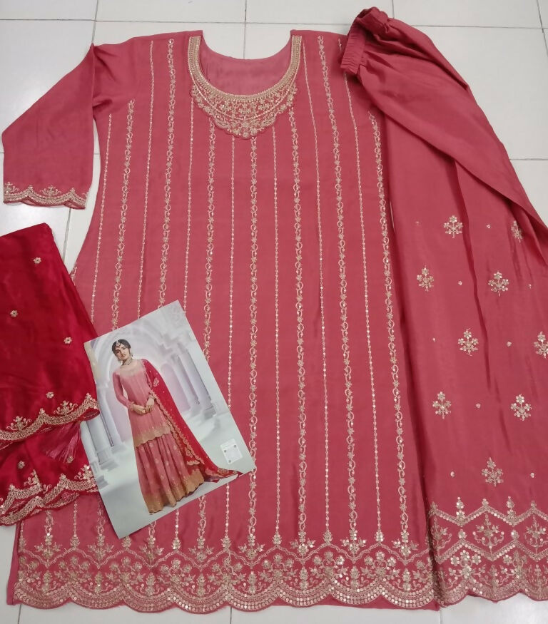 Vastranavya Exquisite Peach Heavy Chinon with Embroidered & Sequins Work Salwar Suits | Grocsy