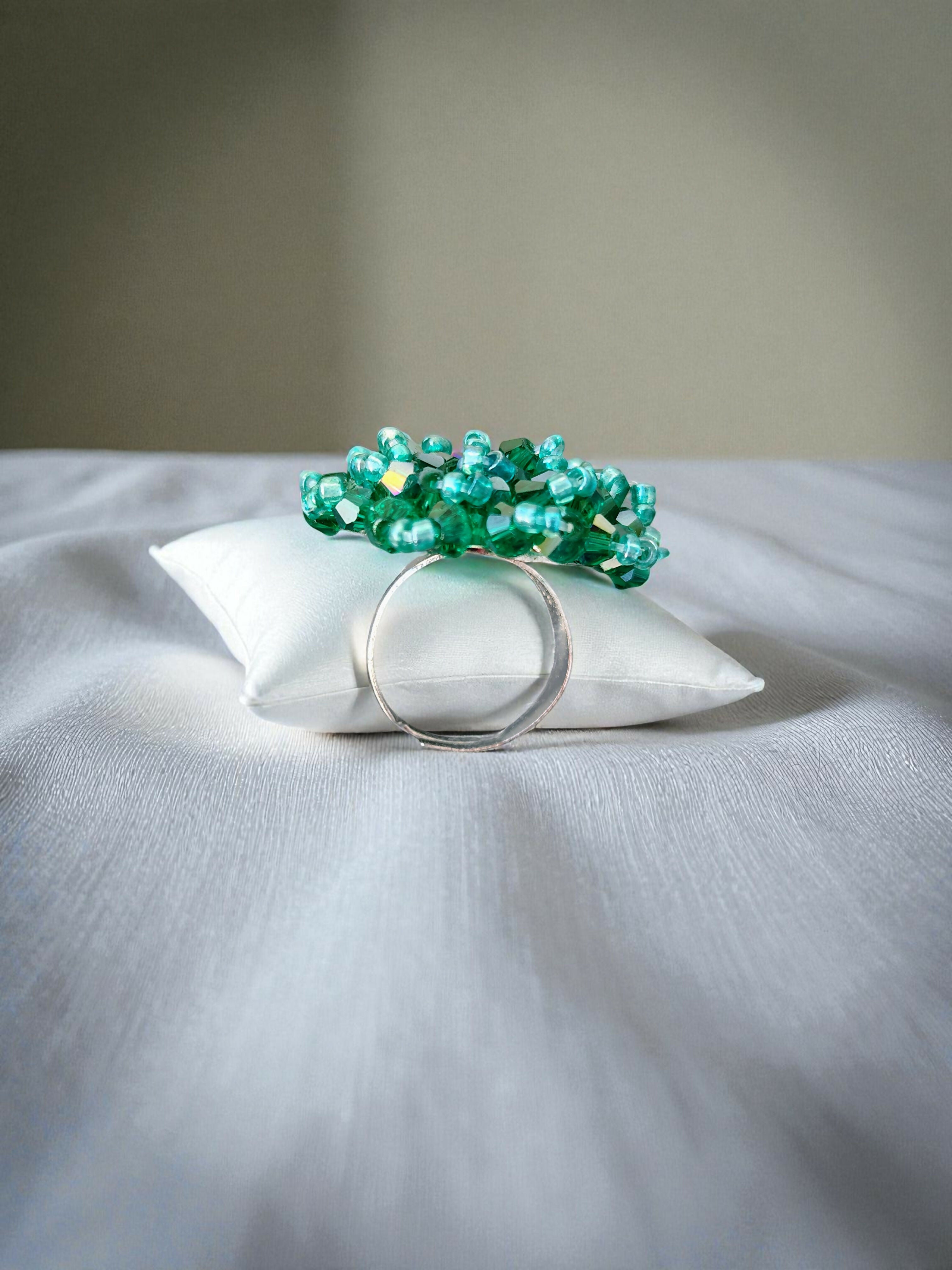 Inhanns Rang-E-Roshan Adjustable Ring – Handmade Crystal Statement Ring - Sea Green | Grocsy