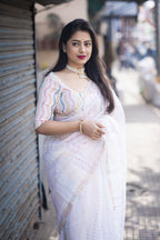 White Organza Thread Saree with Unstitched Blouse - Hiral Fashion | Grocsy