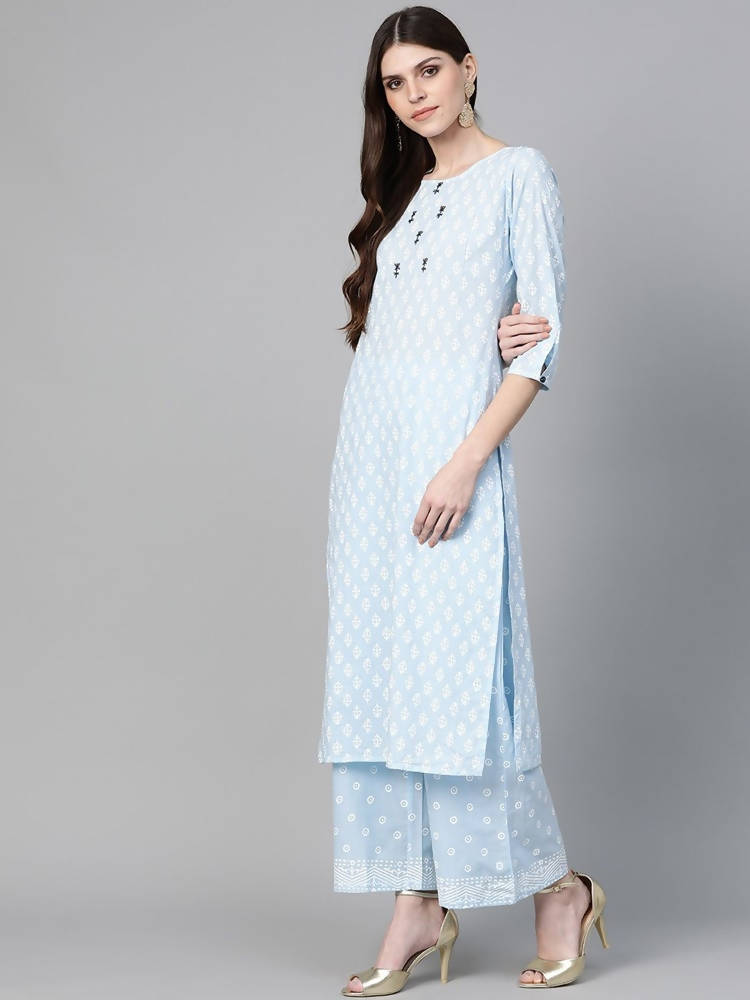 Yufta Women Blue & White Printed Kurta with Palazzo & Dupatta | Grocsy