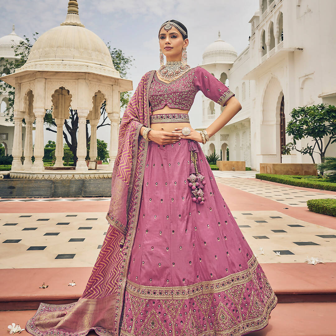 Onion Pink Heavy Viscose Khatli, Embroidery & Mirror Work Unstitched Lehenga Choli - Sisha Keshav | Grocsy