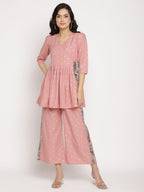 Ahalyaa Pink Ethnic Motifs Printed Angrakha Kurti With Palazzos For Women | Grocsy