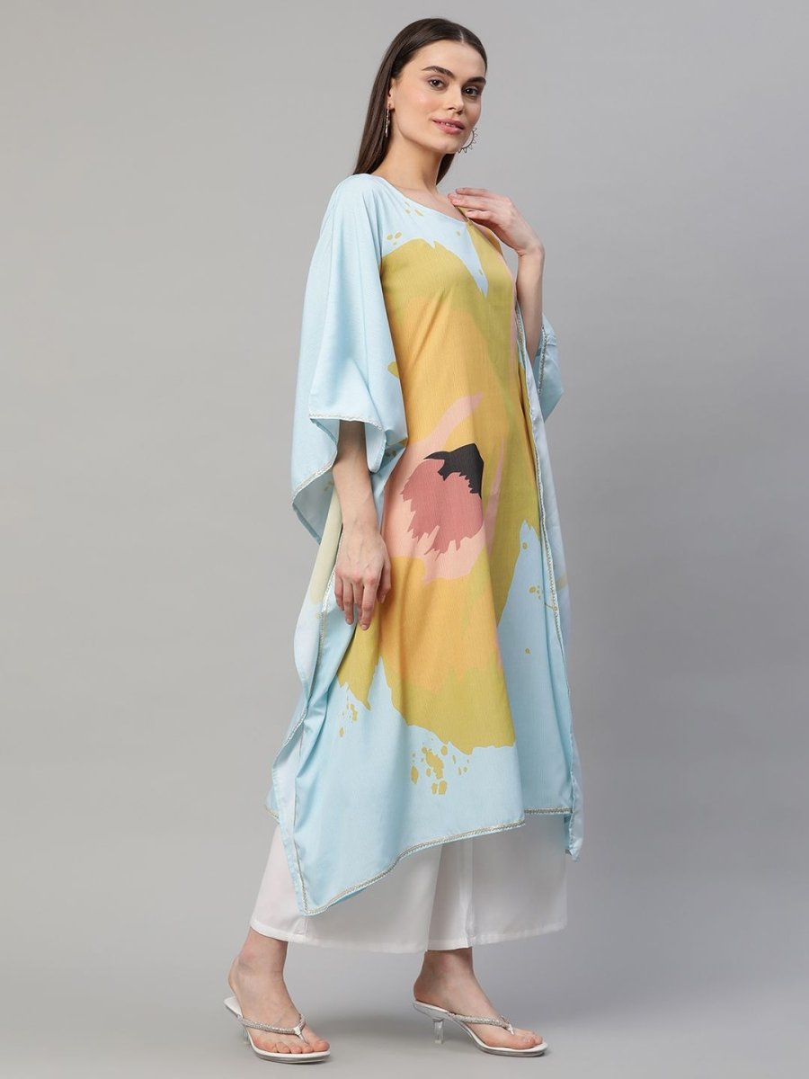 Ahalyaa Women Yellow Crepe Digital Printed Kaftan Kurta with Palazzos | Grocsy