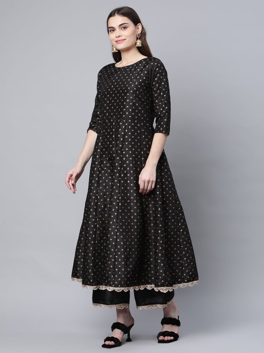 Ahalyaa Women Black Poly Silk Gold Printed Anarkali Kurta Palazzo Set With Dupatta | Grocsy