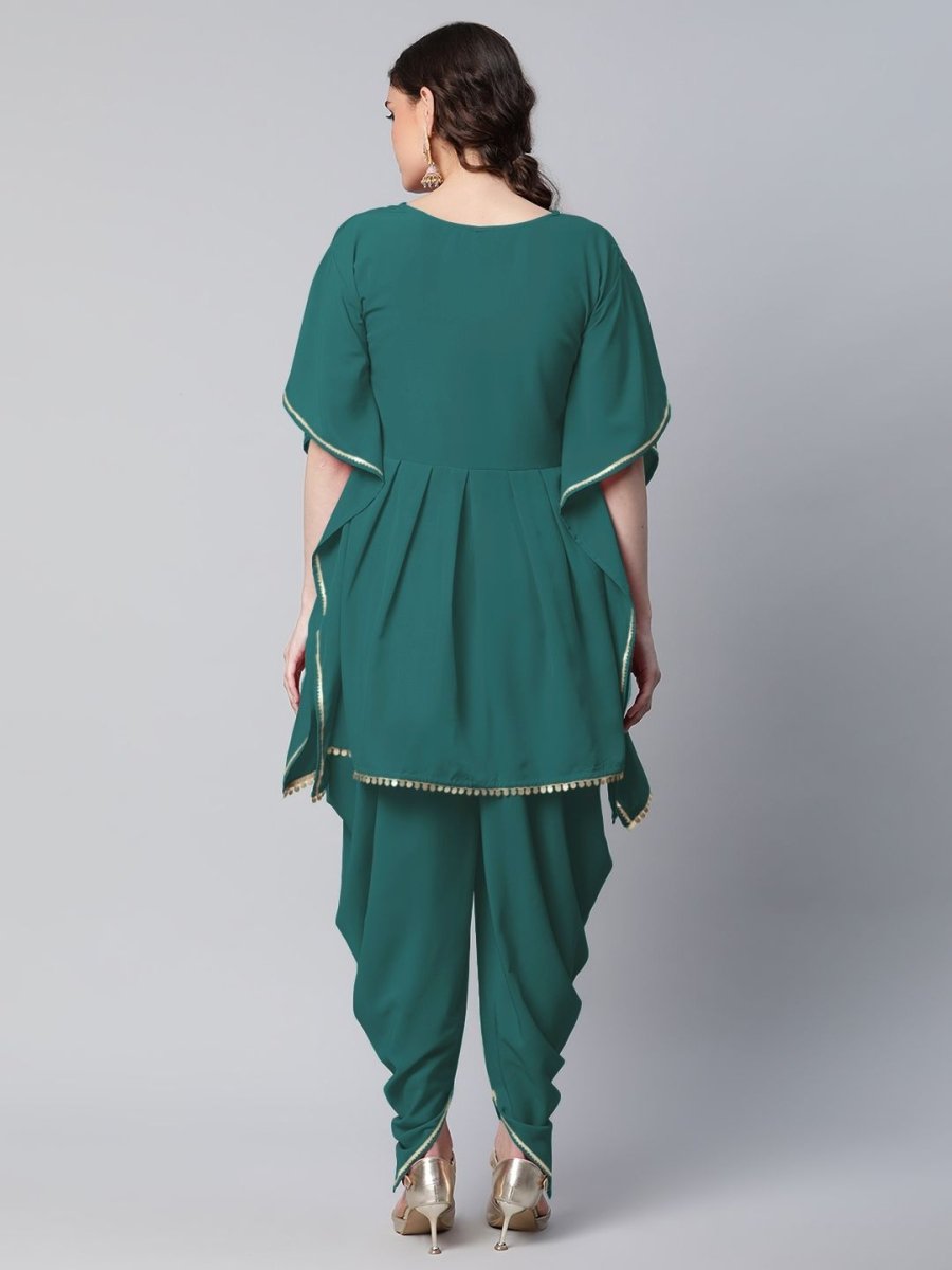 Ahalyaa Women Dark Green Crepe Glitter Printed Kurta with Dhoti Pants | Grocsy