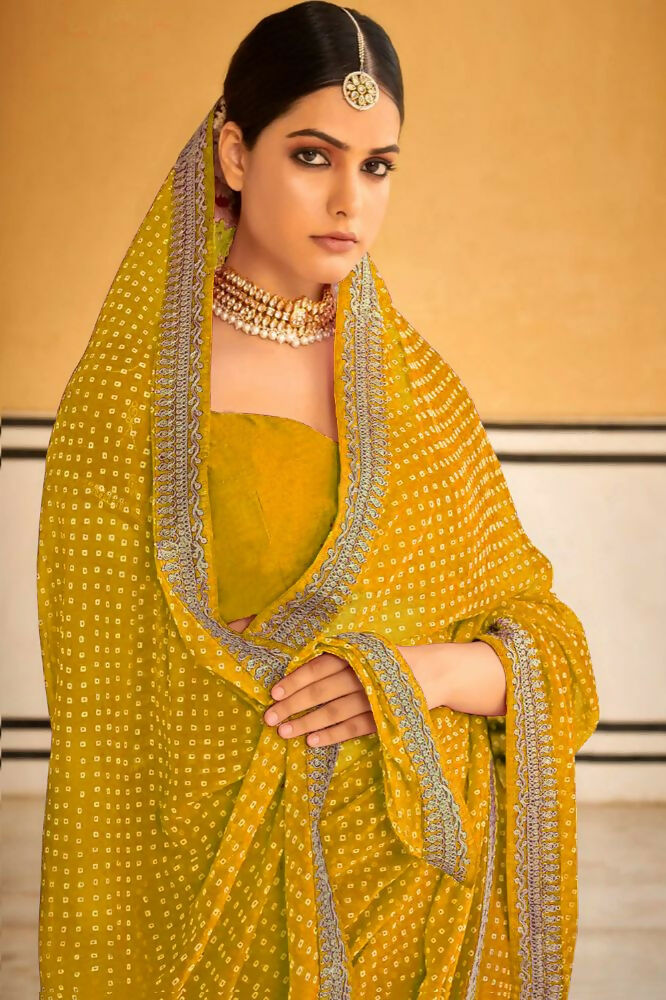 PR Fashion Yellow Georgette Embroidery Lace Saree | Grocsy