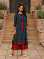 Juniper Women's The Chitrahar Blue Ethnic Motif Printed Cotton Dress With Mirror Work | Grocsy