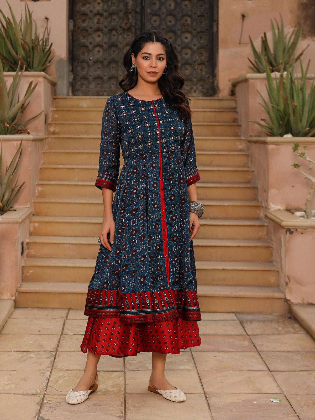 Juniper Women's The Chitrahar Blue Ethnic Motif Printed Cotton Dress With Mirror Work | Grocsy