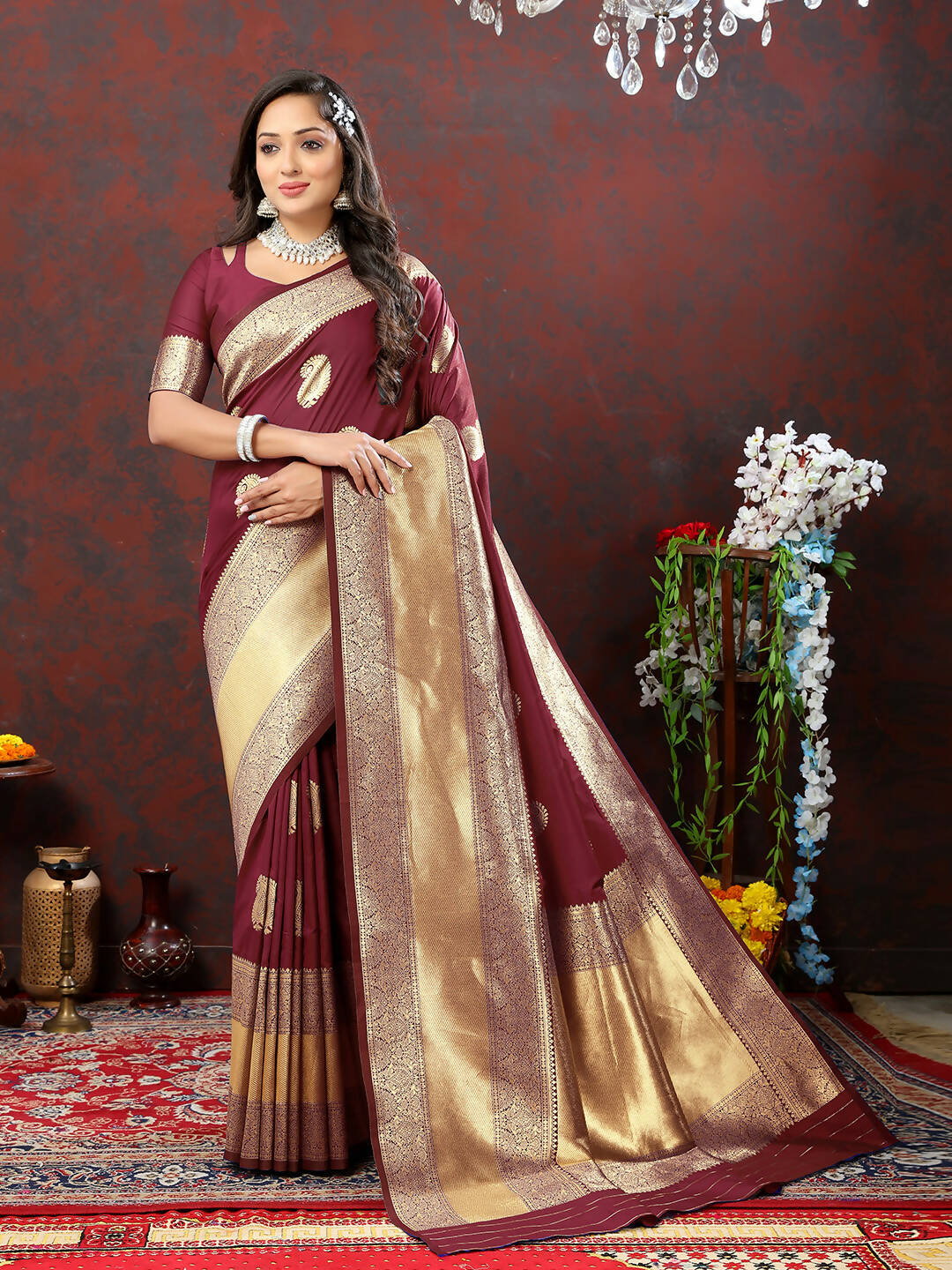 Lorenvalley Fashion Maroon Soft Silk Woven Design Gold Zari Weaving Saree | Grocsy