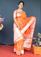 Jyoti Fashion Women's Orange Soft Banarasi Silk Zari Woven Saree with Blouse | Grocsy