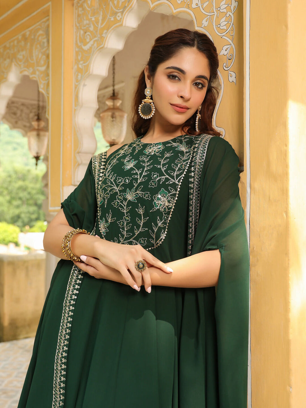 Janasya Dark Green Georgette Embroidered Dress & Jacket | Grocsy
