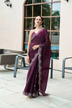 Vastranavya Wine Embroidery Work Shimmer Chiffon Saree with Unstitched Blouse | Grocsy