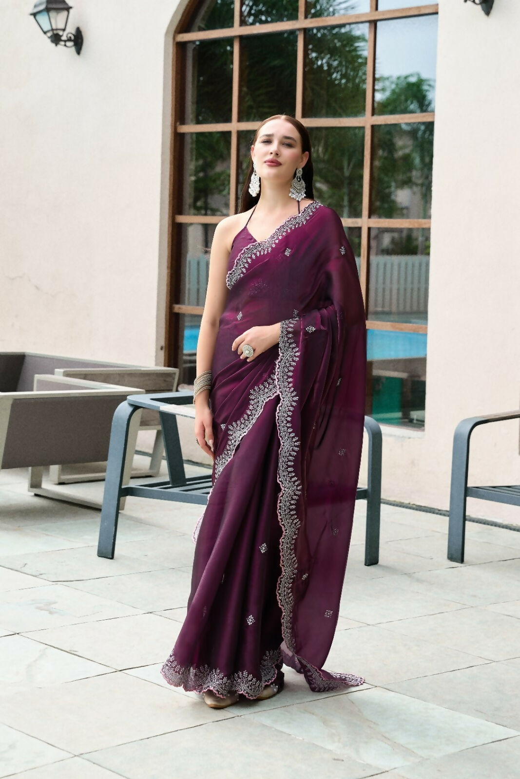 Vastranavya Wine Embroidery Work Shimmer Chiffon Saree with Unstitched Blouse | Grocsy