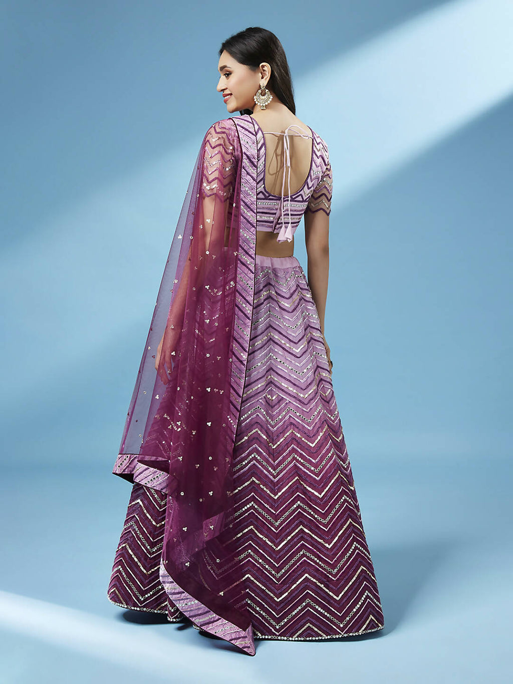 House of Panchhi Women Lavender Net Zig-Zag Embroideried Lehenga, Blouse & Dupatta | Grocsy