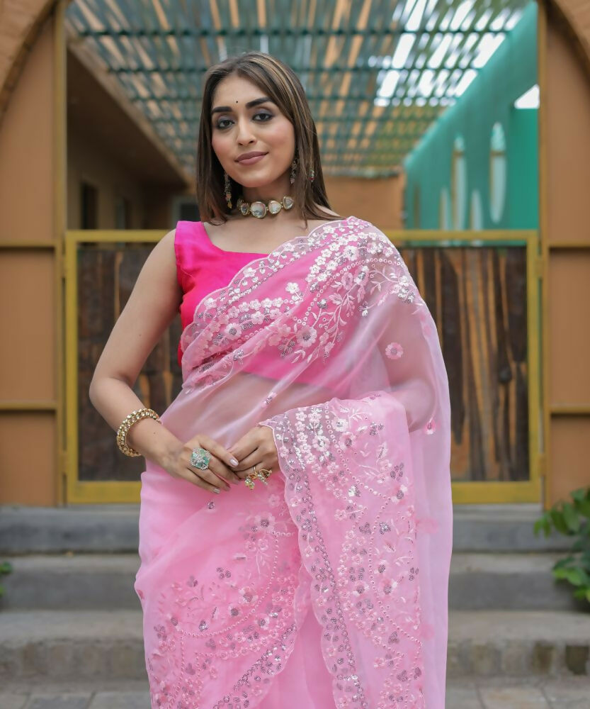 Vamsee Kiki Baby-Pink Organza Saree | Grocsy
