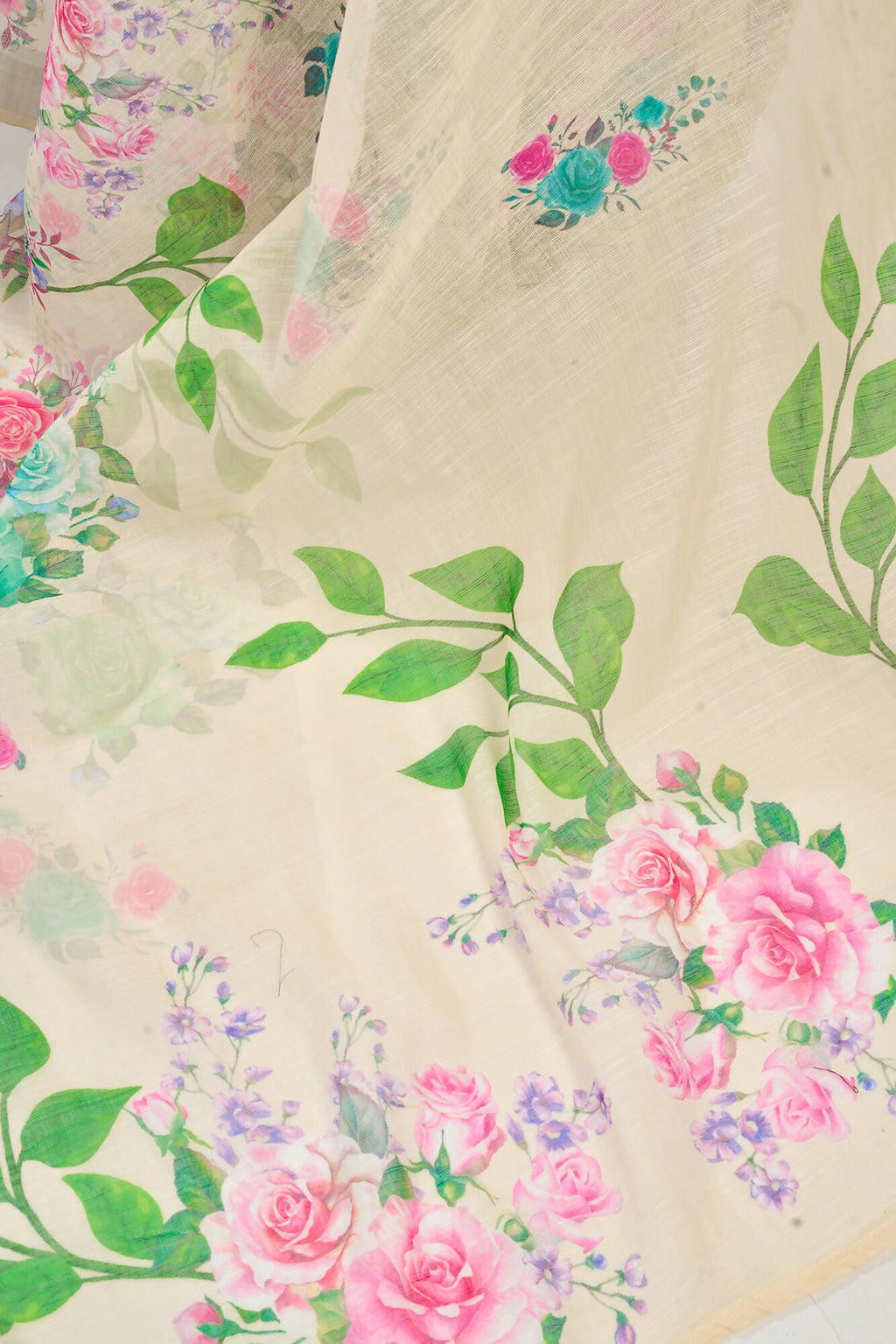 Vastranavya Cream Digital Printed Linen Ready To Wear Designer Saree with Unstitched Blouse | Grocsy