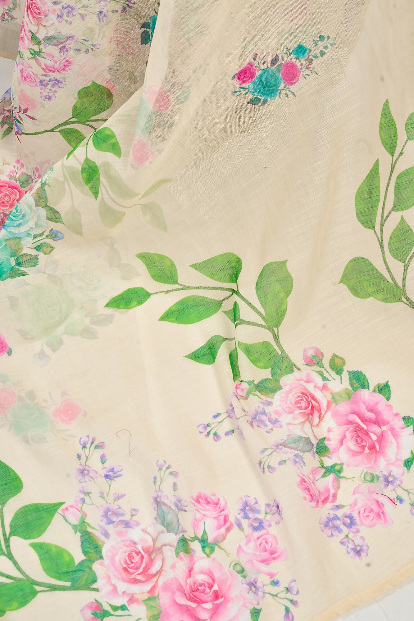 Vastranavya Cream Digital Printed Linen Ready To Wear Designer Saree with Unstitched Blouse | Grocsy