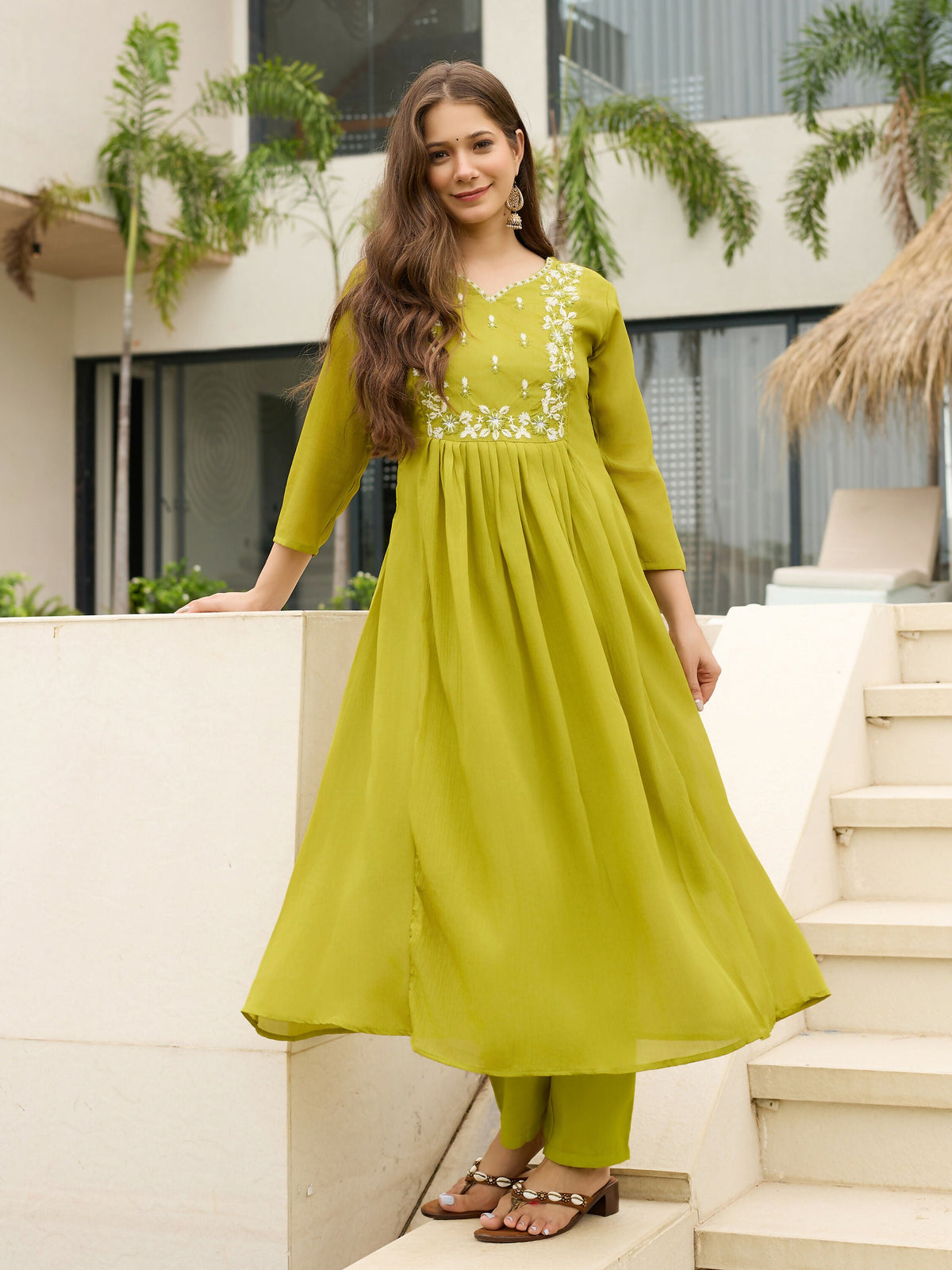 The52 Lemons Women's Gorgeous Chinon Embroidered Flared Kurta with Pant And Dupatta Set | Grocsy