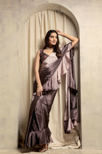 Wine Satin Solid Designer, Printed Party Wear Ready To Wear Saree - Nasreen | Grocsy