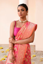 Joban Fashion Pink Peach Soft Pure Handloom Banarasi Silk Saree | Grocsy