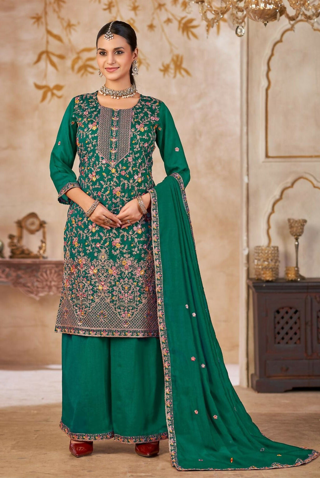 Anaita Emerald Green Vichitra Silk Readymade Palazzo Suit with Embroidery & Lace Work | Grocsy
