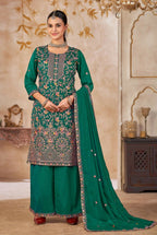 Anaita Emerald Green Vichitra Silk Readymade Palazzo Suit with Embroidery & Lace Work | Grocsy