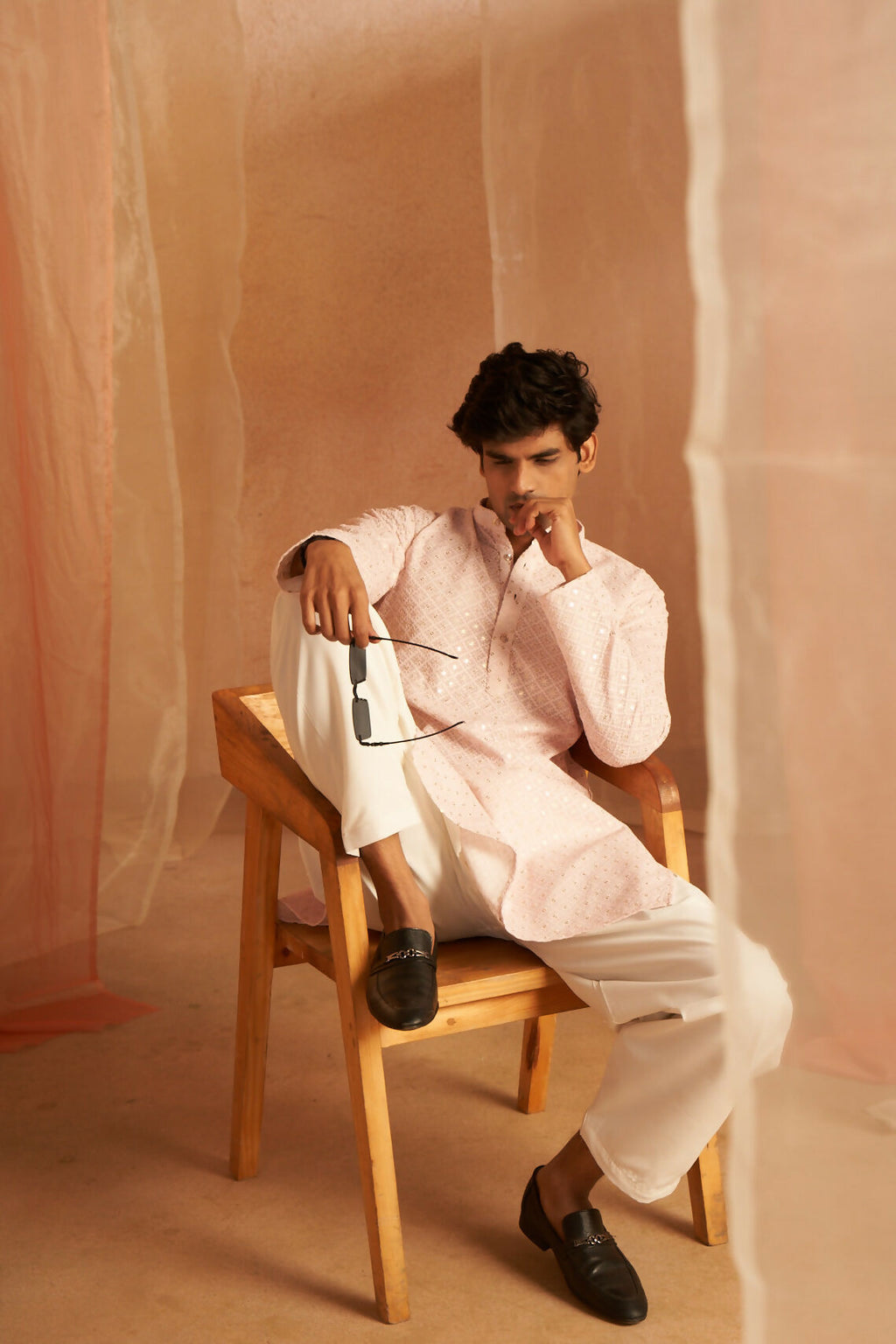 Pink Viscose Chikankari Embroidery Work Men's Kurta Set - Mahotsav | Grocsy
