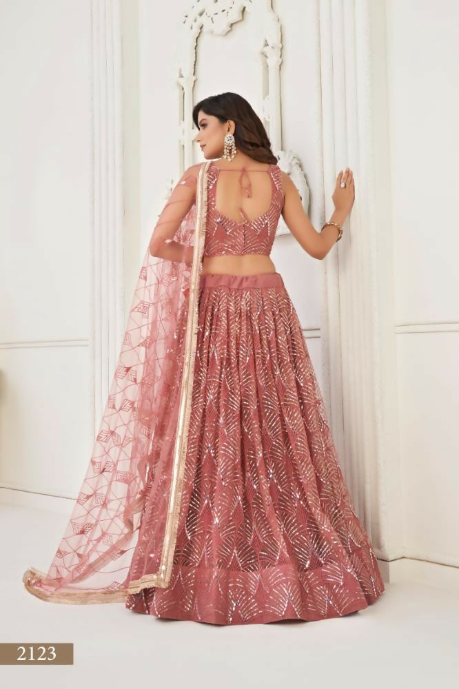 Aastha Fashion Dusty Onion Pink Butterfly Net Tone To Tone Thread Work, Sequence Work And Original Mirror Work Embroidery Wedding Wear Lehenga Choli | Grocsy