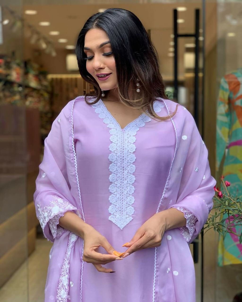 The52 Lavender Women's Gorgeous Embroidered Georgette Fabric Straight Kurta Pant with Dupatta Set | Grocsy