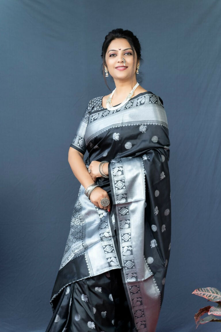 Jyoti Fashion Women's Black Soft Banarasi Silk Zari Woven Saree with Blouse | Grocsy