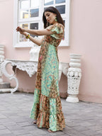Sea Green Rayon Foil Printed Long Dress - Michan | Grocsy