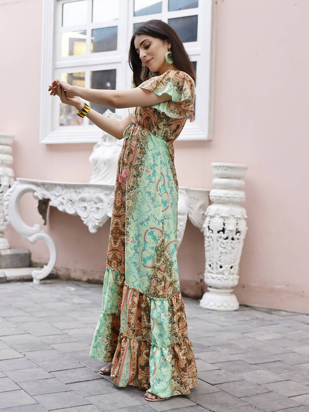 Sea Green Rayon Foil Printed Long Dress - Michan | Grocsy