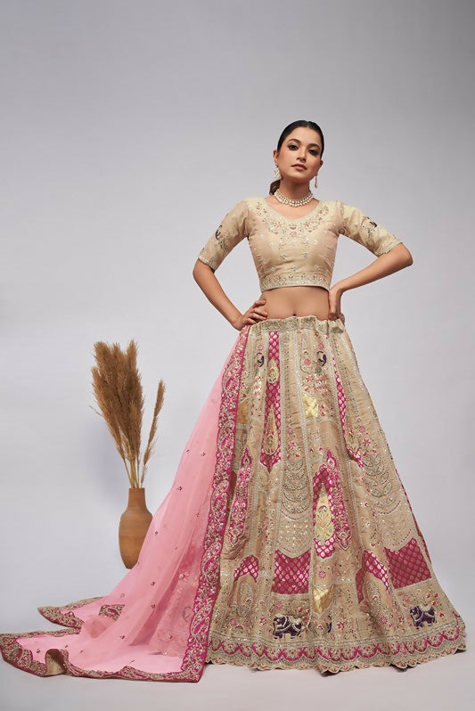 Kesar Fab Ivory Silk Embroidered Lehenga | Grocsy